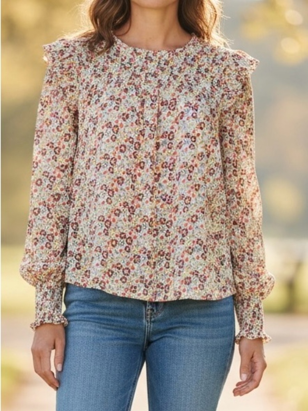 LOFT Floral Smocked-Yoke Long Sleeve Blouse